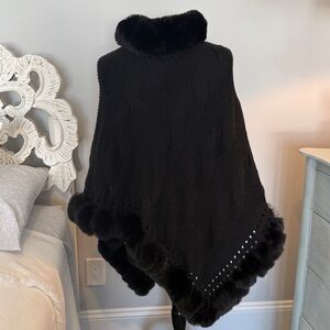 Black Fur-Trimmed CableKnit Poncho